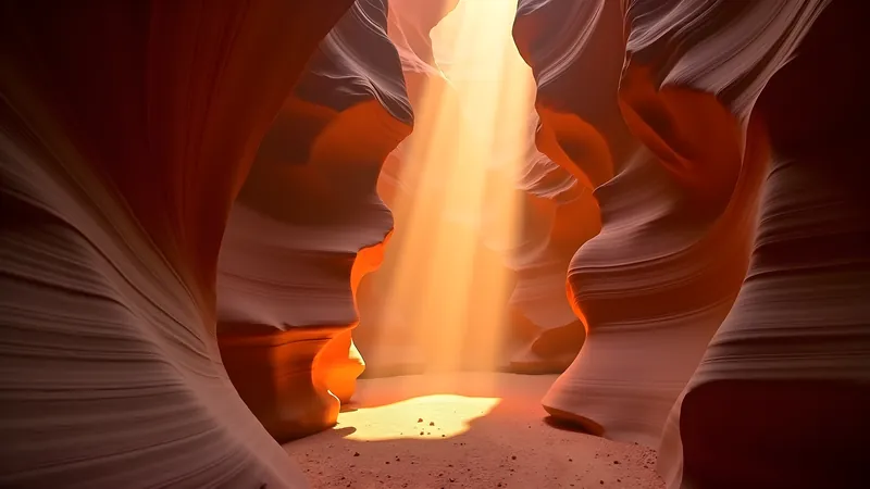 Slot canyon lit by a shaft of sunlight