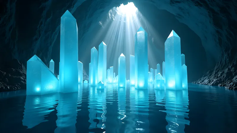 Glowing blue crystal spires rising from still water in a cave.