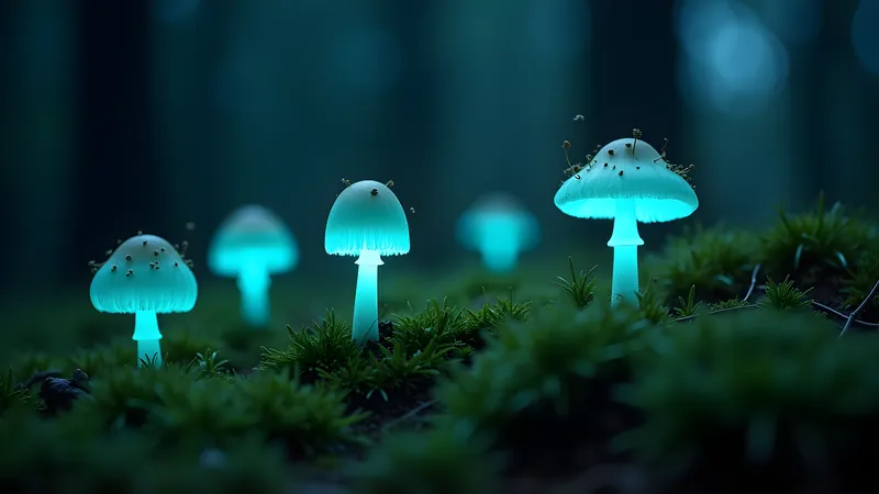 Bioluminescent mushrooms glowing on a mossy forest floor.