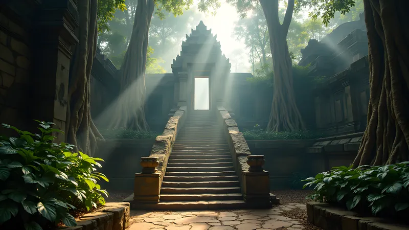 Sunbeams falling across the stairs of a jungle temple.